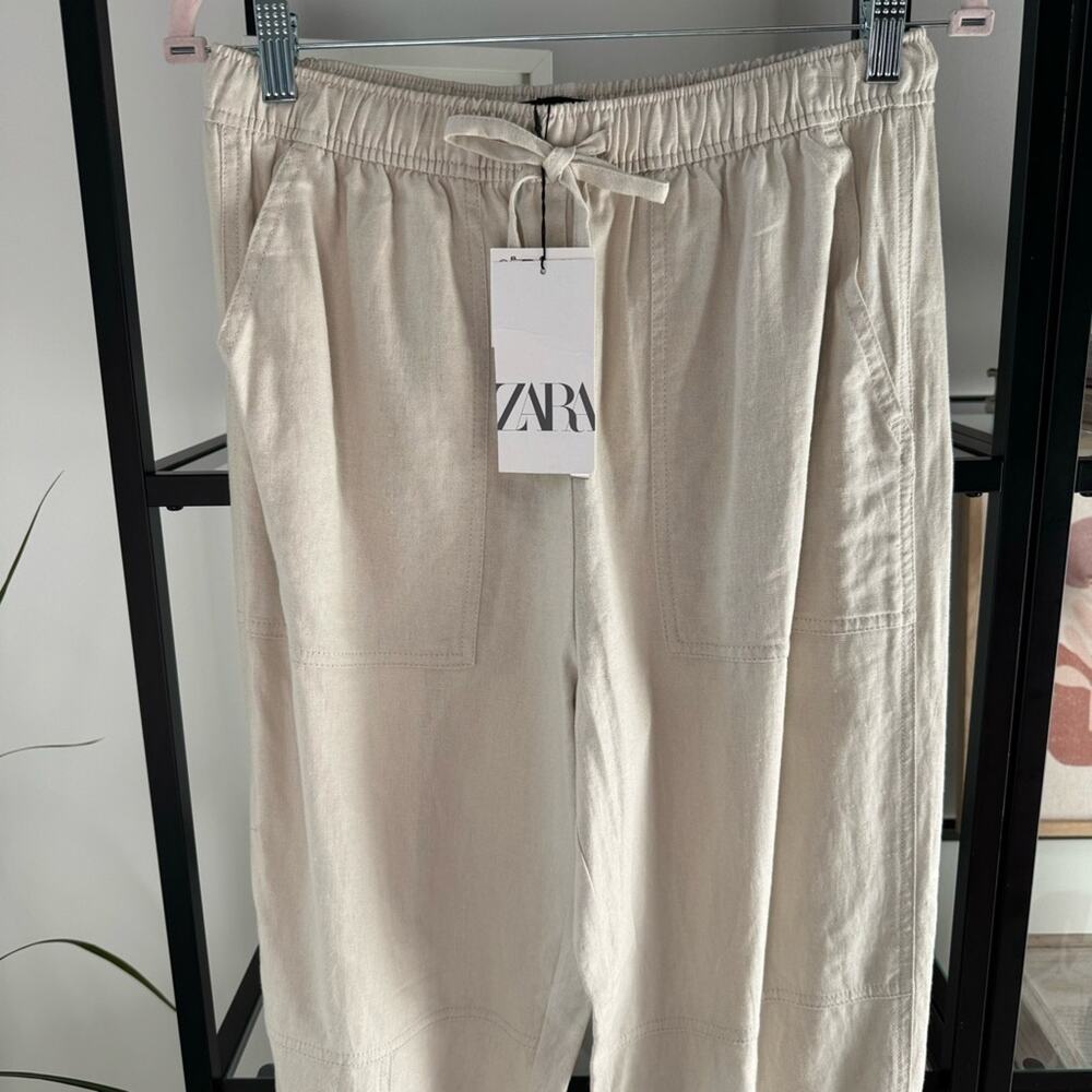 Zara Beige Oatmeal Linen Blend Tapered Leg High Rise Pants 25” Women’s Medium - Picture 4 of 12